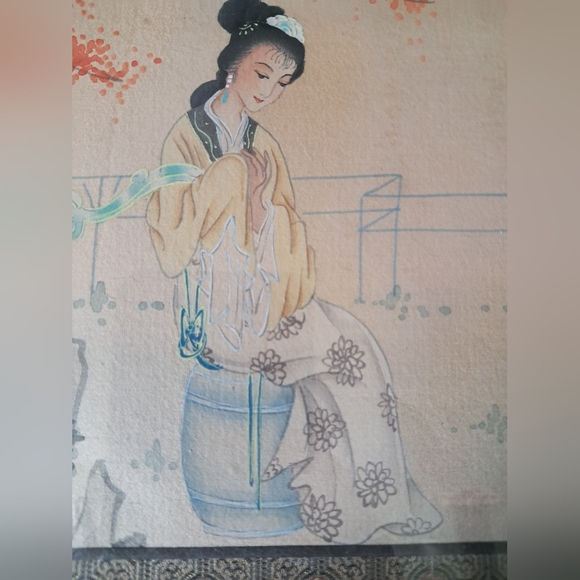 Antique Original Chinese Iridescent Hand Painted Geisha Art Piece on Silk #2 - Picture 7 of 11